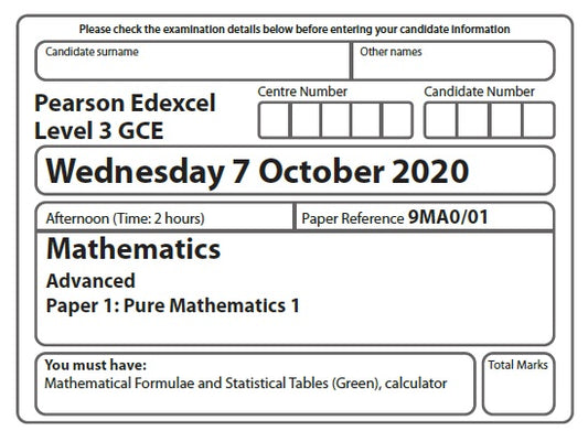 9MA0/01 Edexcel GCE A Level Paper 1