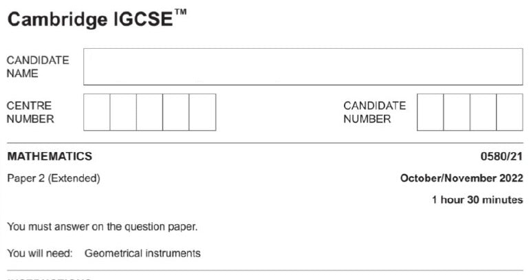 0580/22 Cambridge IGCSE Paper 22