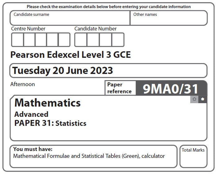 9MA0/31 Edexcel GCE A Level Paper 31