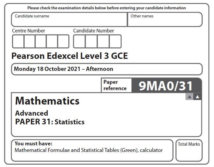 9MA0/31 Edexcel GCE A Level Paper 31