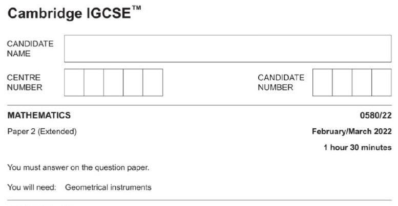 0580/22 Cambridge IGCSE Paper 22