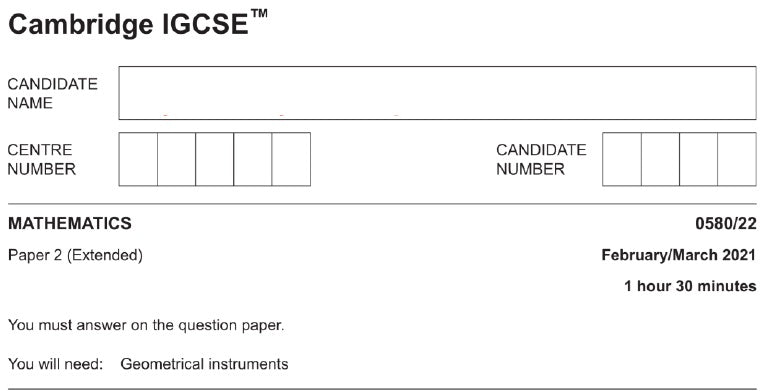 0580/22 Cambridge IGCSE Paper 22